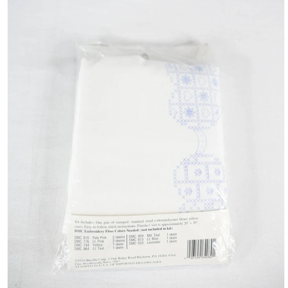 Bucilla Embroidery Kit Pillowcase Standard White NEW Quilted Hearts 64089 Pair